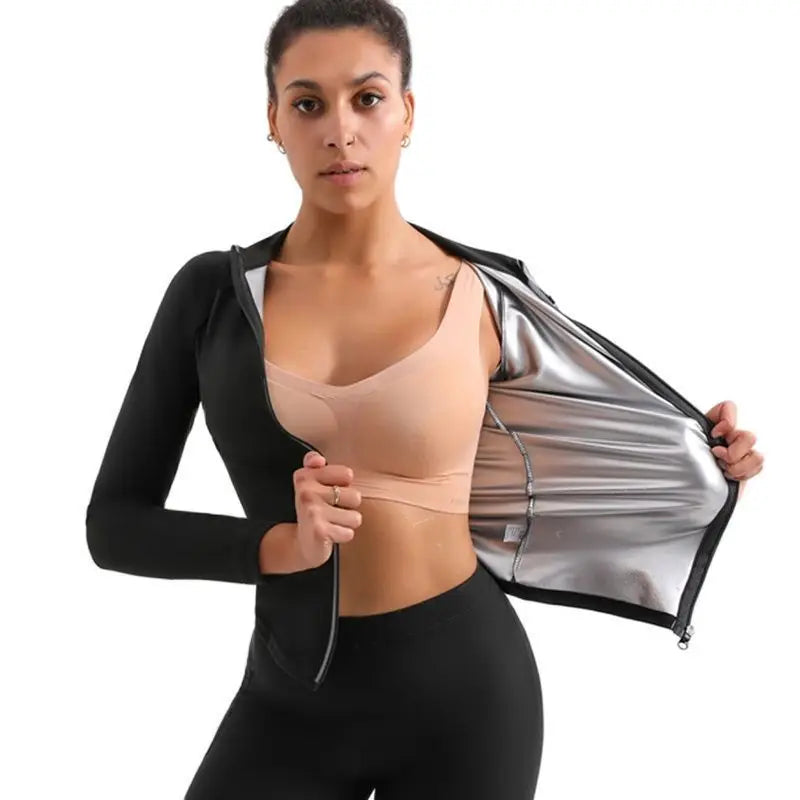 Lightweight Full Zipper Sauna Suit for Women, Black, Long Sleeve, Yoga Sports, Running Jacket, Workout, Monochromatic Sweat Suit