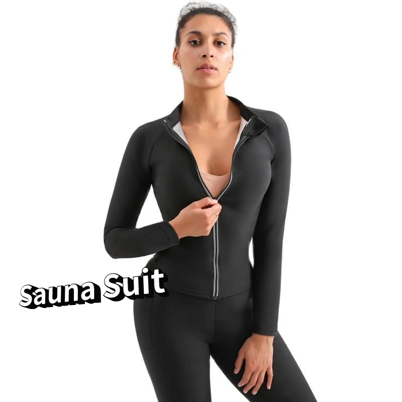 Lightweight Full Zipper Sauna Suit for Women, Black, Long Sleeve, Yoga Sports, Running Jacket, Workout, Monochromatic Sweat Suit