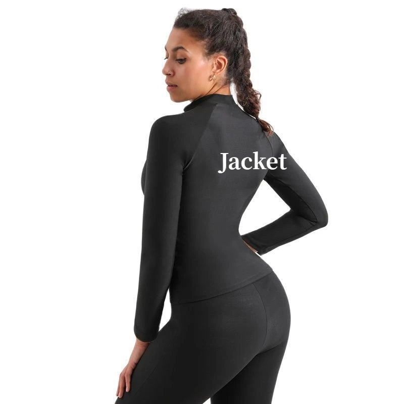 Lightweight Full Zipper Sauna Suit for Women, Black, Long Sleeve, Yoga Sports, Running Jacket, Workout, Monochromatic Sweat Suit