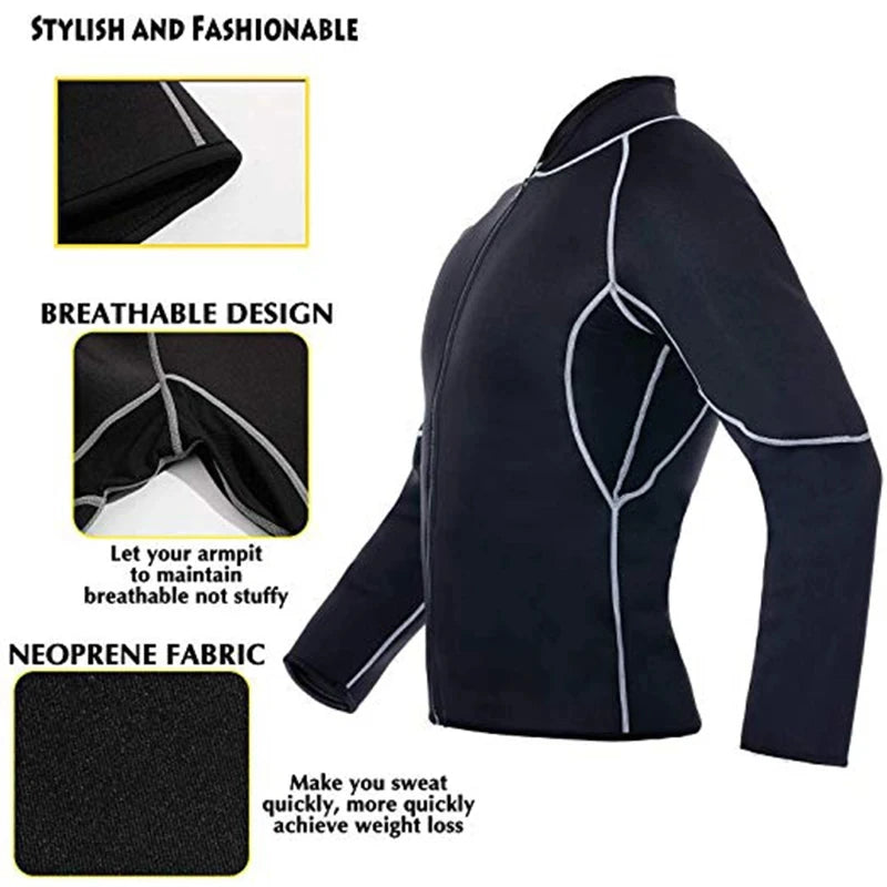 Men Sauna Sweat Coat Shapewear Workout Weight Loss Long Sleeves Waist Trainer Body Shaper Gym Fitness Zipper Jacket Tops