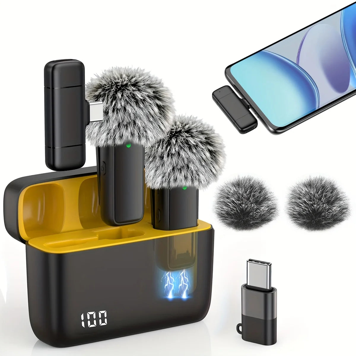 Wireless  Microphone Lavalier with Charging Case Windproof Fleece Suitable for Phones Laptop Devices with Noise canceling MIC
